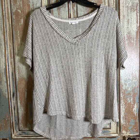 Blu Pepper Large Super Soft Gray And Cream Striped Short Sleeve Knit Top V-Neck - Picture 1 of 11